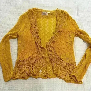 Rosie Neira Crocheted Open Front Cardigan Womens Small Yellow Linen Ruffles